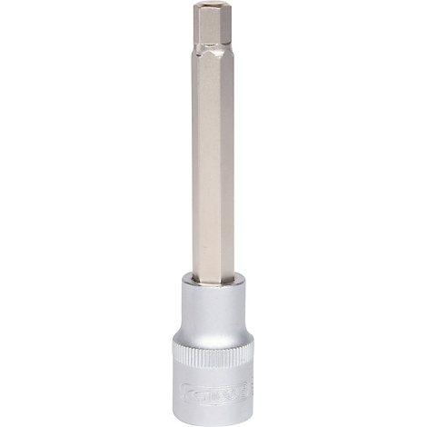 Sechskant-Bit für Werkzeug, Metall, silberfarben. Zylindrischer Schaft mit sechseckigem Kopf, auf einem Sockel.